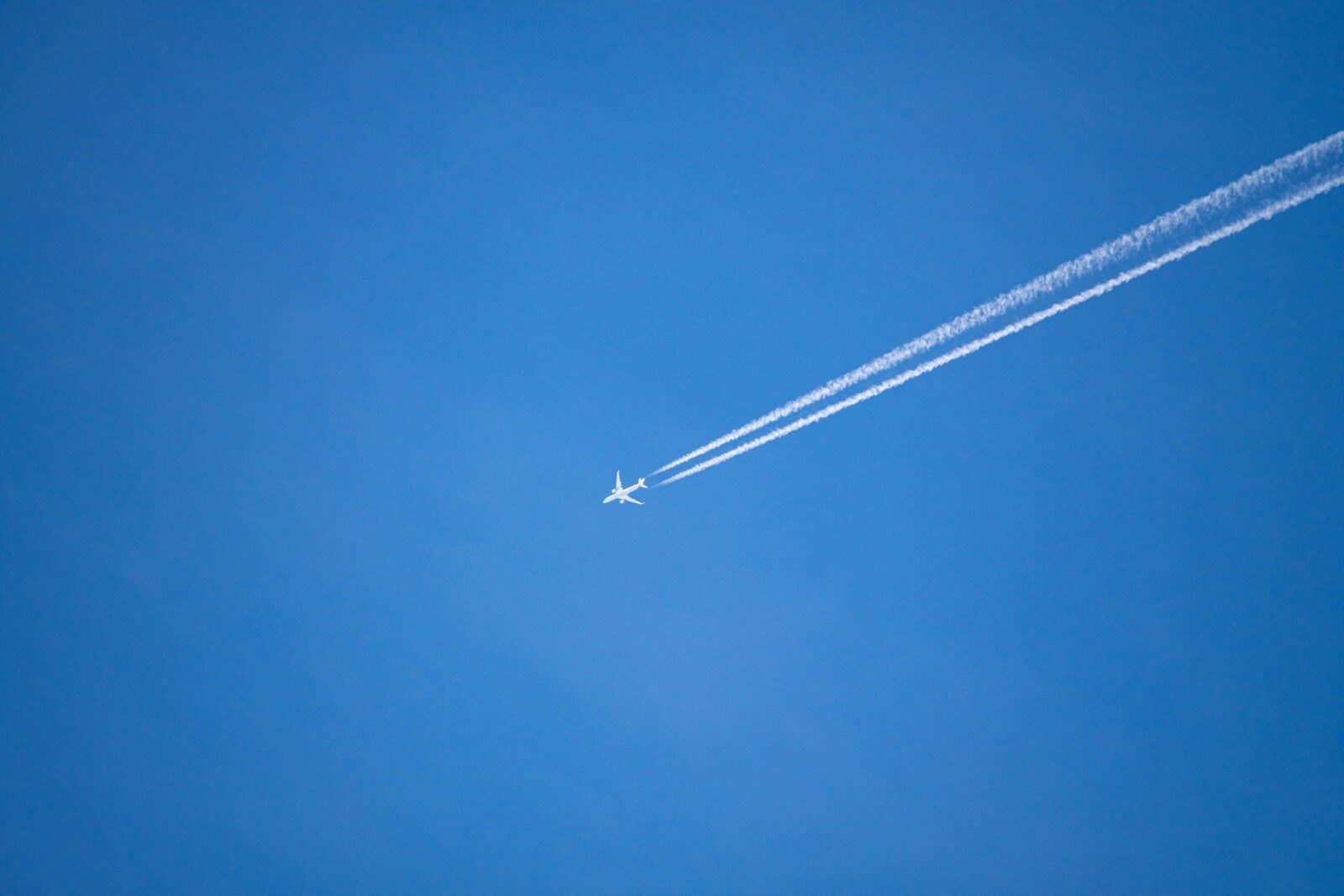 An airplane is flying high in the sky